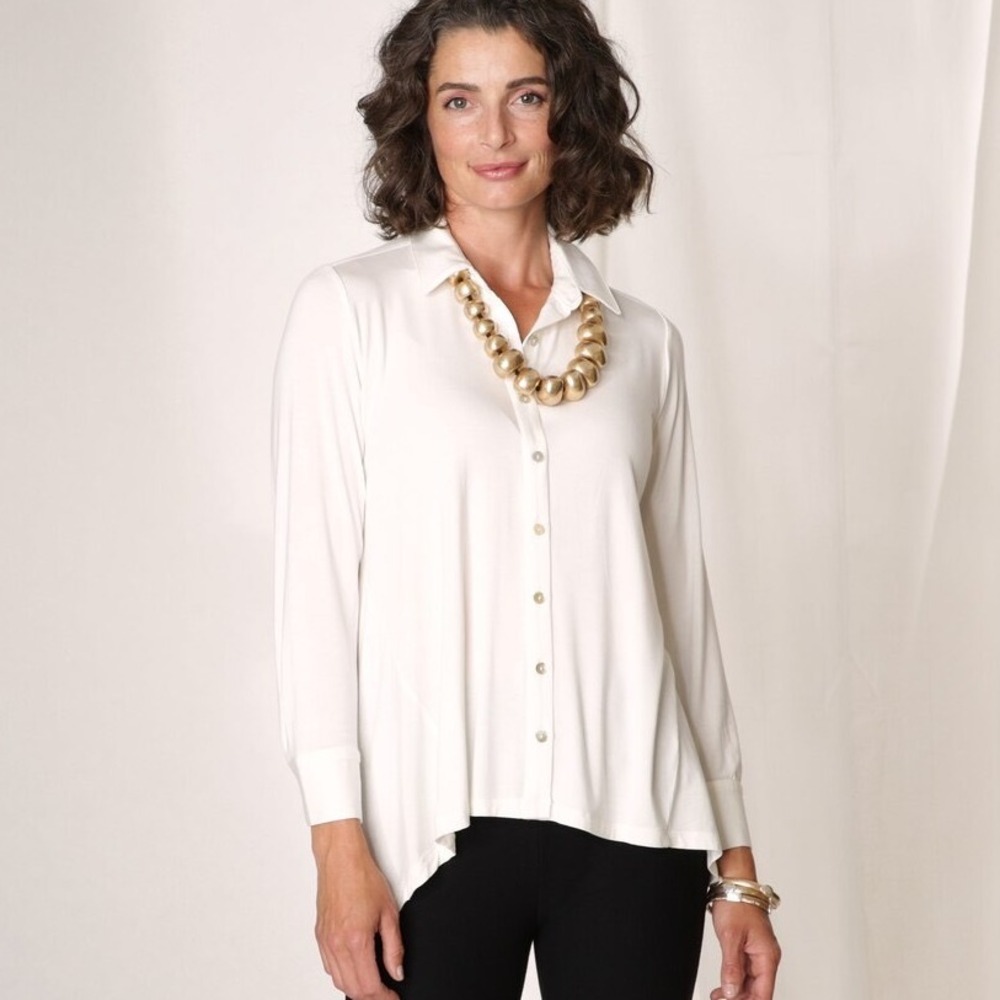 Wynne Layers White‎ Viscose Spandex Button Front Asymmetrical Tunic Top XL